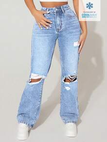 SHEIN PETITE Women's High Waist Pocketed Distressed Wide Leg Loose Casual Denim Jeans - Blue - View 5