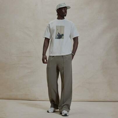 Pantaloni con vita elasticizzata e coulisse, a vita alta, con pinstripe, plissettati, essenziali per la primavera/estate