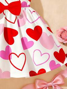 1 chiếc đầm cho bé gái 6 tháng - 2-3 tuổi, họa tiết trái tim và nơ lớn, tay bồng, chất liệu nhẹ, kiểu công chúa dễ thương, thích hợp cho ngày Valentine/mặc hàng ngày, mùa hè. - Nhiều màu - Xem 4