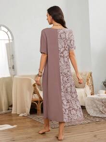 SHEIN Women's Casual Cashew Print Patchwork Solid V-Neck Short Sleeve Nightgown - Coral Pink - View 2