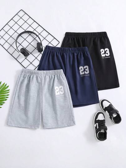 3件套男童休闲百搭纯色短裤，字母图案设计，简约时尚，适合日常、上学、运动等场合。