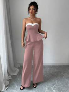 Elenzga 女士优雅两件套：荷叶边抹胸上衣和阔腿裤 - 藕粉色 - 查看 6