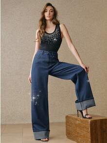 Anewsta Women's Romantic Glitter Straight Leg Jeans, Suitable For Valentine's Day Party And Vacation, Blue - Blue - View 1