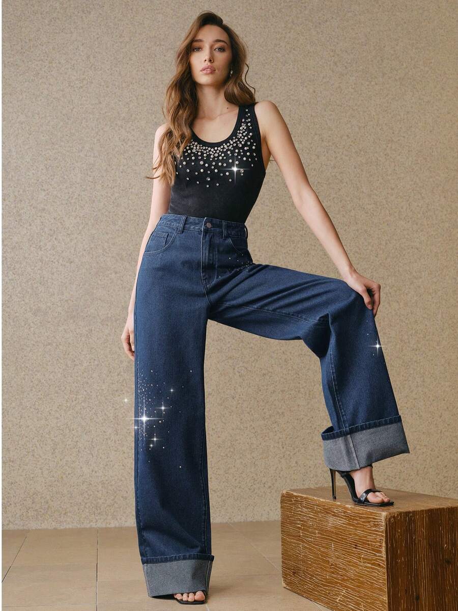 Anewsta Women's Romantic Glitter Straight Leg Jeans, Suitable For Valentine's Day Party And Vacation, Blue - Blue - View 1