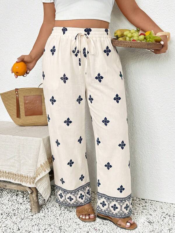 SHEIN Frenchy Plus Size Floral Print Casual Pants Wide Leg Summer Pants Boho Pants Beach Pants For Women Spring/Summer Casual Elegant Beach Vacation Women Spring/Summer Pants For Women