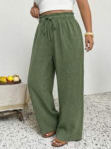 SHEIN Frenchy 大码女式休闲纯色长裤，适合度假穿着，阔腿裤，休闲阔腿裤，春季阔腿裤，波西米亚风女裤 - 綠色 - 查看 5