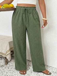 SHEIN Frenchy 大码女式休闲纯色长裤，适合度假穿着，阔腿裤，休闲阔腿裤，春季阔腿裤，波西米亚风女裤 - 綠色 - 查看 6