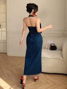 DAZY Women's Summer Halter Neck Sleeveless Long Denim Wash Bodycon Slit Dress - Dark Wash - View 6