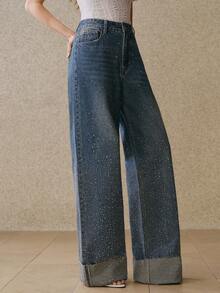 Anewsta New Rhinestone Embellished Women's Blue Straight Leg Jeans Bling Jeans Studded Jeans Wide Leg Jeans Woman Rhinestone Denim Rhinestone Jeans - Blue - View 8