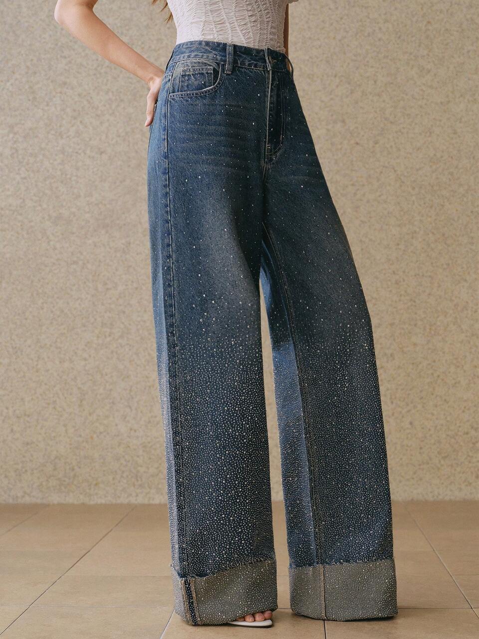 Anewsta New Rhinestone Embellished Women's Blue Straight Leg Jeans Bling Jeans Studded Jeans Wide Leg Jeans Woman Rhinestone Denim Rhinestone Jeans