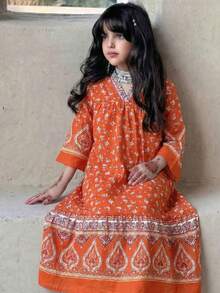 SHEIN 少女碎花V领荷叶边休闲宽松日常及派对连衣裙 - 橘色 - 查看 2