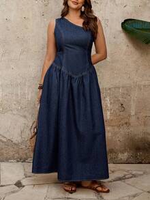 EMERY ROSE 大码纯色褶皱不对称肩部无袖牛仔夏季连衣裙 - 藍色 - 查看 4