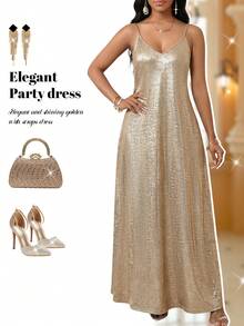 Fleurora 大码女士时尚派对亮片吊带裙 - 金色 - 查看 1