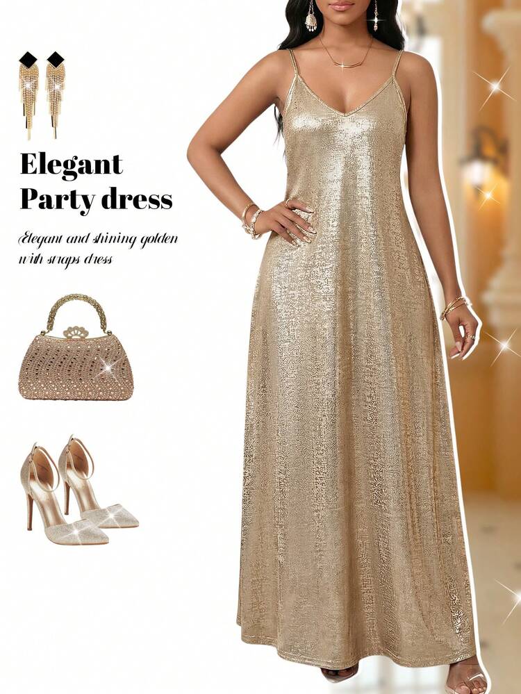 SHEIN Lady Plus Size Women Fashionable Party Sequin Slip Dress Long Party Dress  Gold Dress Elegant Gold Evening Gown Champagne Formal Dress Party Elegant  Dresses Elegant Woman Clothing Gold Party Dress Elegant
