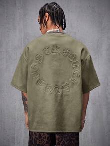 AXEPEAK Men's Street Style Air Layer Suede Flocked Loose Dropped Shoulder Crew Neck Short Sleeve T-Shirt - Army Green - View 3