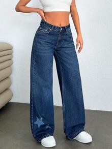 SHEIN Women Star Detail Wide Leg Denim Jeans - Navy Blue - View 5