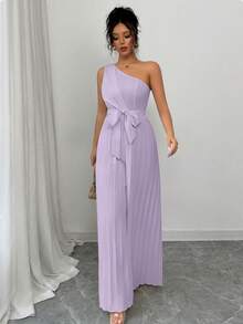 Elenzga Elegant Solid Color Ruched Waist One-Shoulder Jumpsuit For Women - Mauve Purple - View 6