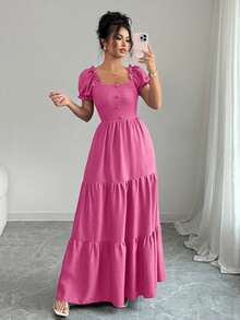 Elenzga Vestido largo elegante para mujer con cuello único, patchwork multicapa, ribete de volantes, diseño estilizante con capas escalonadas, para días festivos, estilo bohemio, romántico y casual de vacaciones - Rosa - Ver 6