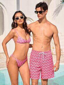 Manfinity Swimmode Men's Casual Printed Beach Shorts Matching Couple Swimsuits Couple Bathing Suit Set His And Hers Swimsuits Couple Beachwear Men Swim Trunks Couple Matching Couple Swimwear Couple Bathing Suit Set Boyfriend And Girlfriend Matching Swimsuits Print Pink Swimwear - Pink - View 1