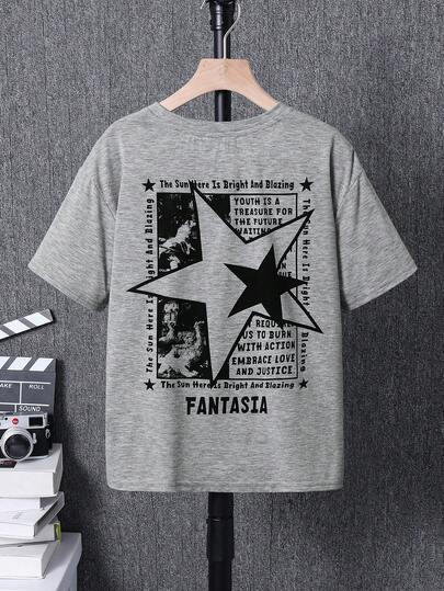 SHEIN Tween Boy Casual Vintage Oil Painting, Classic Print, Abstract Star Graphic On Back, Minimalist Crew Neck Short Sleeve T-Shirt, Suitable For Summer