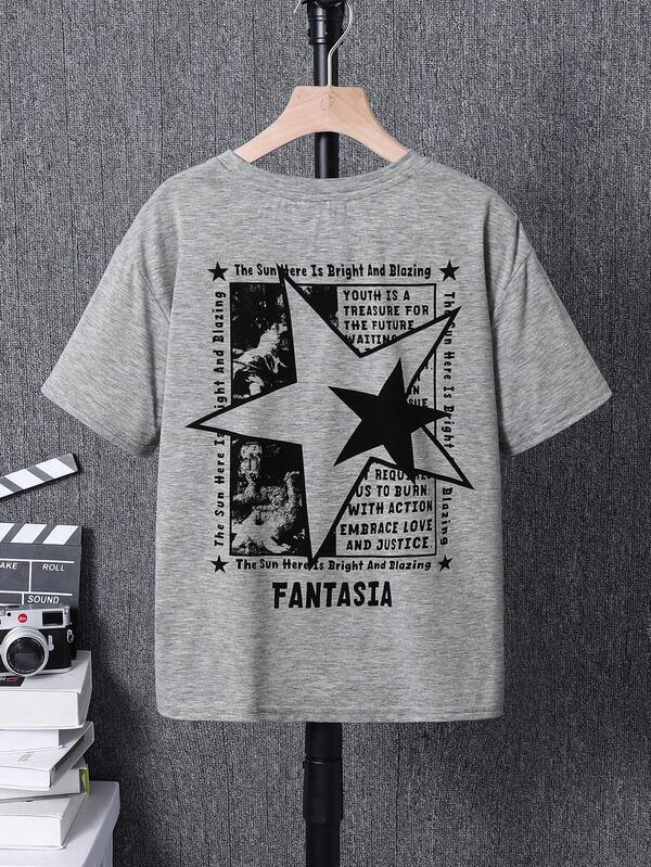 SHEIN Tween Boy Casual Vintage Oil Painting, Classic Print, Abstract Star Graphic On Back, Minimalist Crew Neck Short Sleeve T-Shirt, Suitable For Summer