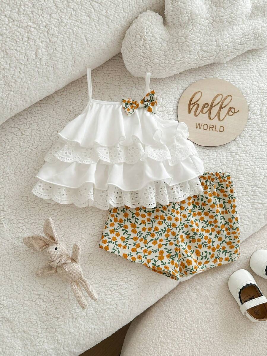 2-Piece Cute Baby Girl Summer Vacation Ruffled Camisole Top And All-Over Print Shorts Set - White - View 1