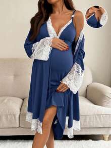 SHEIN 2pcs/Set Maternity Lace Trim Robe And Slip Dress Nursing Outfit - Navy Blue - View 1