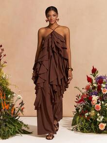 Zivah 2026春夏新款婚礼季、音乐节、复活节、西部风、游牧风、波西米亚风、纳什维尔风、派对、婚礼、晚宴、约会、聚会、生日、学院风、学生装、日常出行、百搭基础款、休闲、度假、邮轮旅行、海滩、日光浴、爆款、优雅、通勤、商务休闲无袖多层荷叶边宽松A字长裙，深棕色连衣裙，春夏连衣裙，派对连衣裙，性感连衣裙，优雅连衣裙，女士连衣裙 - 咖啡棕 - 查看 6