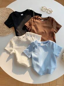 SHEIN 4件套男女宝宝休闲纯色短袖针织T恤套装，春夏宝宝服装 - 彩色 - 查看 3