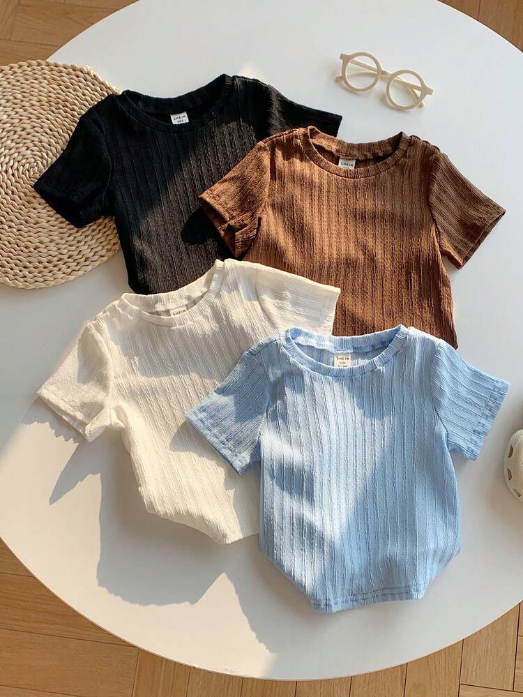 SHEIN 4pcs/Set Unisex Baby Boy/Girl Casual Solid Color Short Sleeve T-Shirt Knit Top Set, Spring/Summer Baby Clothes Cute Tops Baby Tops - Multicolor - View 1