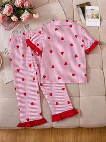 Conjunto de 2 piezas con cárdigan de manga corta con estampado de fresa y cuello con volantes para niñas pequeñas, conjunto de pijama a rayas con corazones para niñas, conjunto de ropa de estar en casa holgado con dobladillo con volantes y bloques de color para niñas, conjunto de 2 piezas con estampado de corazón dulce para niñas - Rosa - Ver 2