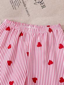 Conjunto de 2 piezas con cárdigan de manga corta con estampado de fresa y cuello con volantes para niñas pequeñas, conjunto de pijama a rayas con corazones para niñas, conjunto de ropa de estar en casa holgado con dobladillo con volantes y bloques de color para niñas, conjunto de 2 piezas con estampado de corazón dulce para niñas - Rosa - Ver 6