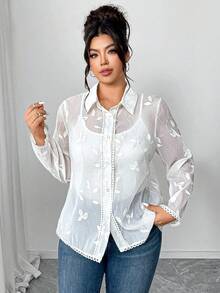 Elenzga 大码女式长袖衬衫，轻盈3D刺绣花卉蕾丝饰边，优雅休闲性感透视春夏百搭白色衬衫 - 杏色 - 查看 3