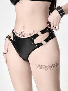 ROMWE Grunge Punk 哥特朋克风PU皮革金属环三角内裤 - 黑色 - 查看 4