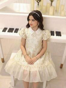 SHEIN Tween Girl Collared Short Sleeve Mesh Dress - Apricot - View 2