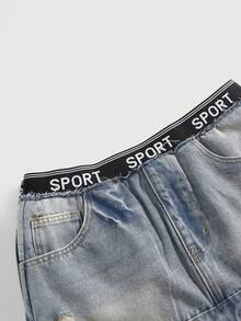 ROMWE Avant Women's Sporty Elastic Waist Low Waist Denim Mini Skirt - Light Wash - View 5