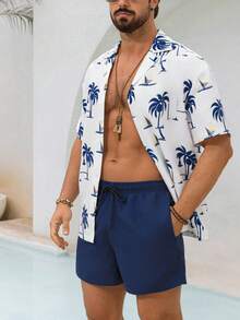 Manfinity KASUA Bộ đồ đi biển cỡ lớn dành cho nam giới, gồm áo sơ mi ngắn tay và quần short in hình cây cọ. - Màu xanh hải quân - Xem 5