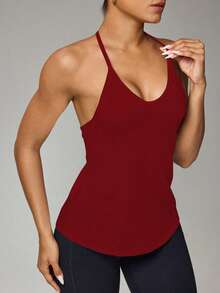 Easithlete 女式纯色日常健身挂脖背心 - 紅色 - 查看 2