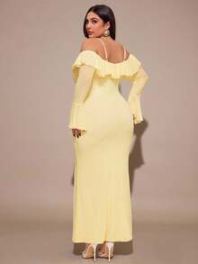 SHEIN BAE 大码女式荷叶边长款网纱连衣裙，黄色优雅连衣裙，度假连衣裙 - 黃色 - 查看 4