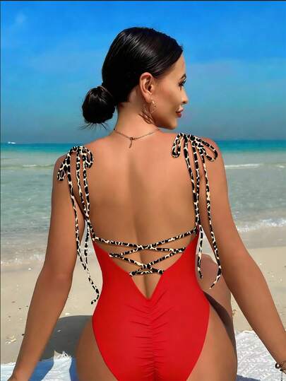 Swim Vcay Women's Leopard Print Spaghetti Strap One-Piece Swimsuit, Fitted Contrast Color For Beach