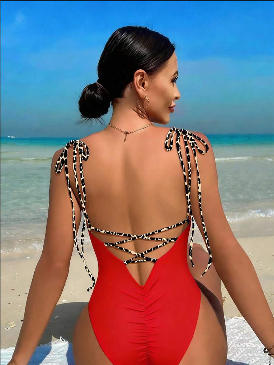 Swim Vcay Traje de baño de una pieza con tirantes finos y estampado de leopardo, ajustado con color contrastante para la playa - Multicolor - Ver 1