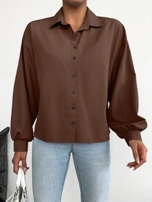 EURMUSE Women's Solid Color Front Button Elegant Office Long Sleeve Shirt - Brown - View 3