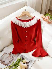 SHEIN ChicEase Elegant And Stylish T-Shirt   Slim-Fit With Flared Sleeves And Decorative Collar Trim   Long-Sleeved Round-Neck T-Shirt   Spring T-Shirt   Red Women's T-Shirt   Valentine's Day T-Shirt   Women's Elegant T-Shirt   Women's Party T-Shirt Cute Red Tops - Red - View 1