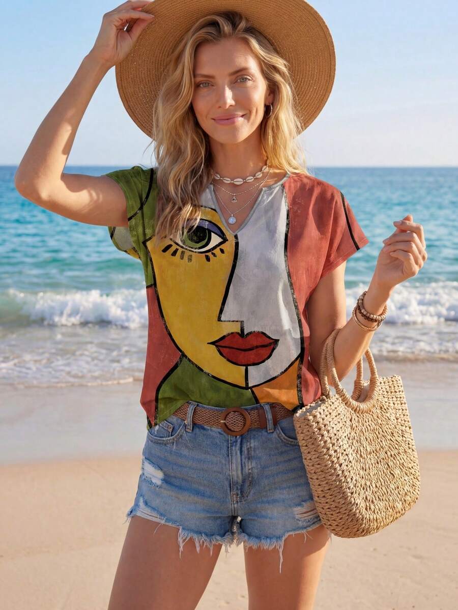 Sylviya Casual Full Print Portrait Pattern Women V-Neck Shirt, Suitable For Summer,Short Sleeve Tops Suitable For Going Out Chic Blouses For Women,Vacation - Multicolor - View 1