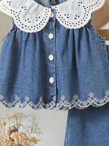 SHEIN Countryside Style Peter Pan Collar Girls Outfit, Baby Girl Fashion Embroidered Hem Sleeveless Top And Long Pants 2-Piece Set - Medium Wash - View 4