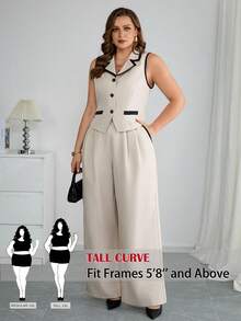 SHEIN Tall CURVE 大码优雅通勤撞色滚边背心和裤子两件套 - 杏色 - 查看 7