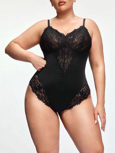 1pc Plus Size Lace Patchwork Tummy Control Shapewear, Sexy Waist Cincher Slimming Bodysuit, Suitable For Daily Wear, Holidays And Parties