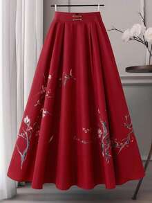 GlowEve CURVE 大码印花复古优雅荷叶边半身裙 - 紅色 - 查看 1