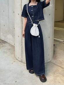 FRIFUL Women's Square Neck Short Sleeve Single-Breasted Top And Wide-Leg Jeans Casual Suit - Blue - View 5