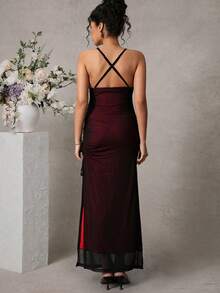 Momance 孕妇纯色网纱拼接优雅派对鸡尾酒礼服 - 酒紅色 - 查看 2